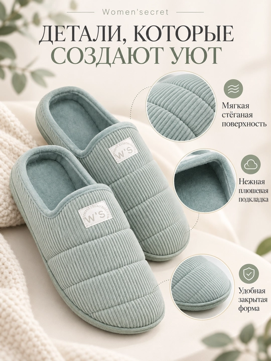 Женские домашние тапочки Women'secret мягкие стёганые, серо-мятного цвета
