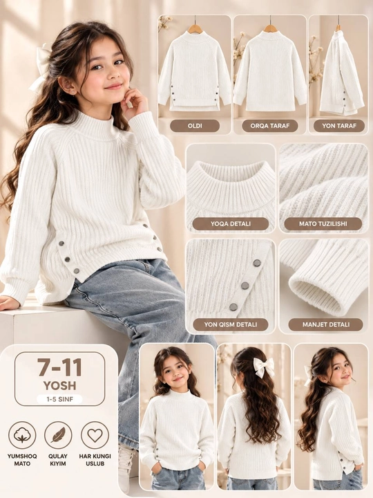 Qizlar uchun oq trikotaj kofta, 7–11 yosh, maktab uchun