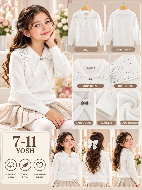 Qizlar uchun oq trikotaj kofta, 7–11 yosh, maktab uchun