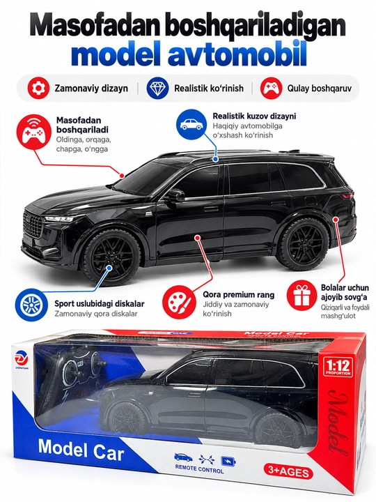 Masofadan boshqariladigan o‘yinchoq mashina, SUV model avtomobil, bolalar uchun sovg‘a, 3+ - 