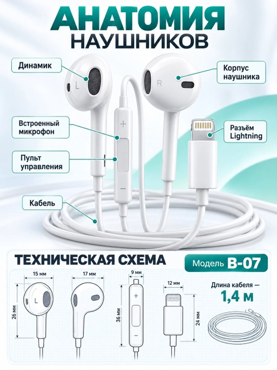 Проводные наушники BlueSpectrum B-07 Extra Bass с разъемом Lightning для iPhone