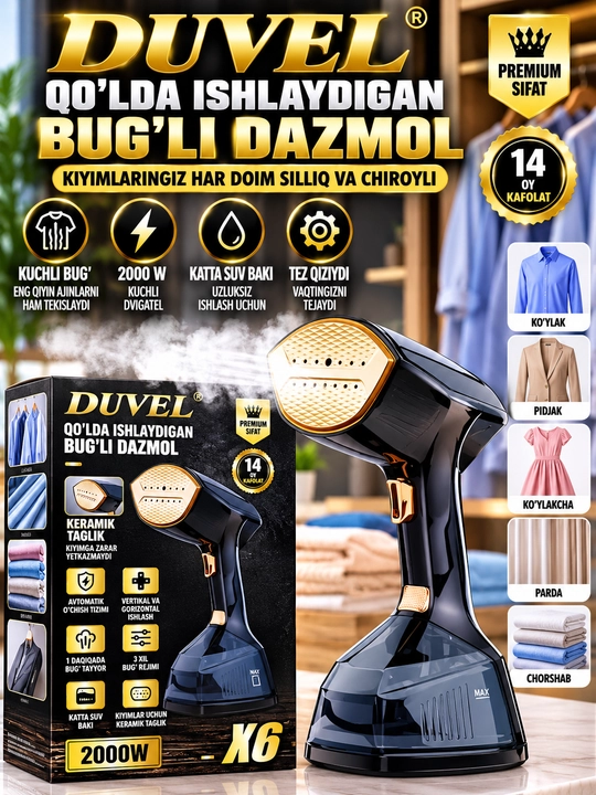 DUVEL X6 Bug‘li Dazmol 2000 W Qo‘lda Ishlatiladigan Vertikal Dazmollagich - 