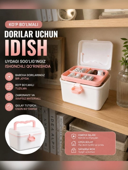 Dori-darmon saqlash uchun aptechka quti, ko'p bo'limli, tutqichli, 22x15 sm - 
