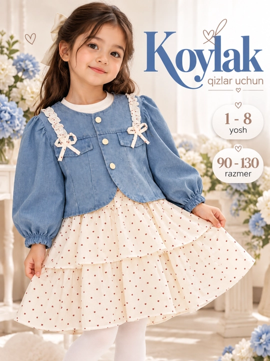 Qizlar uchun ko‘ylak, kuzgi uzun yengli, kundalik va bayramona, jaketli, 1–8 yosh - 