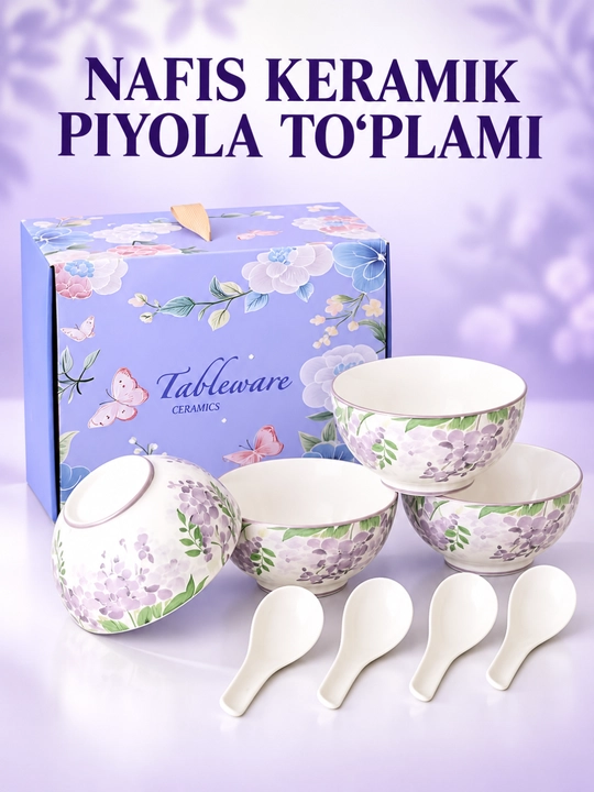 Piyolalar to‘plami keramika kosa va qoshiq sovg‘a qutisida 4+1 nabor - 