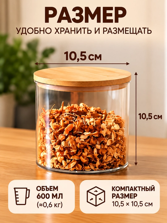 Контейнер для сыпучих продуктов с деревянной крышкой, 600 мл