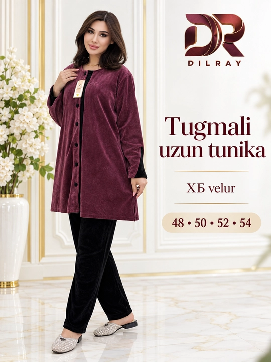 Ayollar dvoykasi, velur tunika va shim to‘plami, 48–54