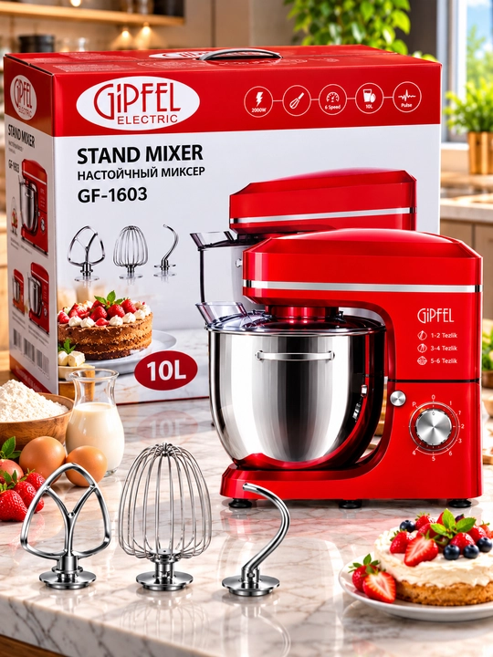 Gipfel Electric Planetar Mikser 2000 W 10 L Zanglamas Po‘lat Idish 6 Tezlik 3 Xil Nasadka - 