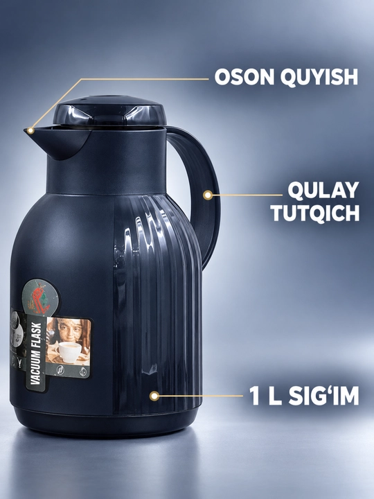 Termos, tutqichli va quyish tumshug‘li ichimlik idishi, 1 l