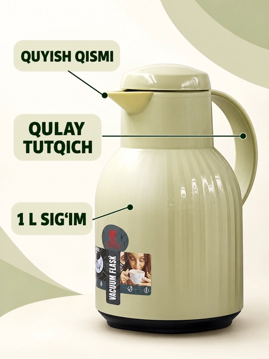 Termos, tutqichli va quyish tumshug‘li ichimlik idishi, 1 l