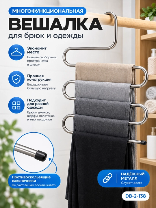 Многофункциональная вешалка для брюк и одежды — 5 уровней, металл - 