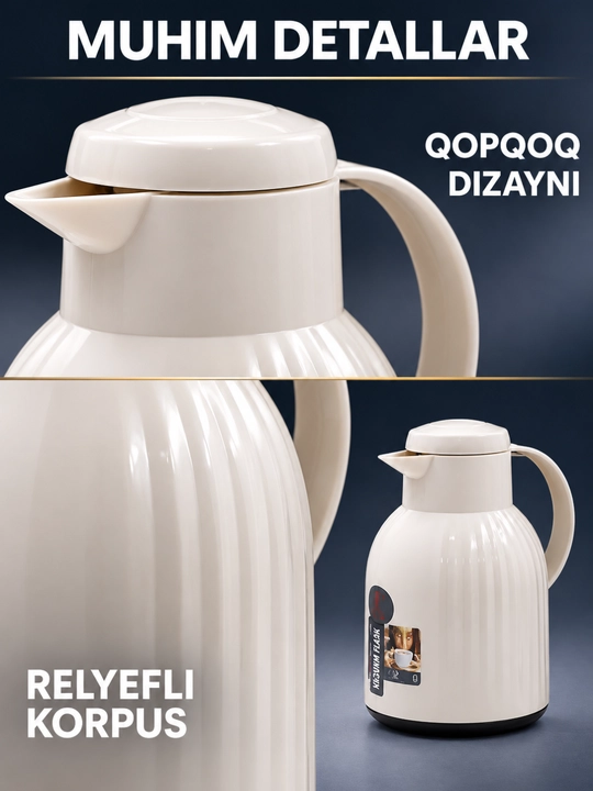 Termos, tutqichli va quyish tumshug‘li ichimlik idishi, 1 l