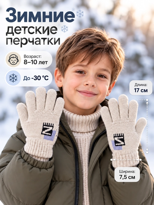 Детские зимние вязаные перчатки для мальчиков 8–10 лет, бежевые, 17×7,5 см - 