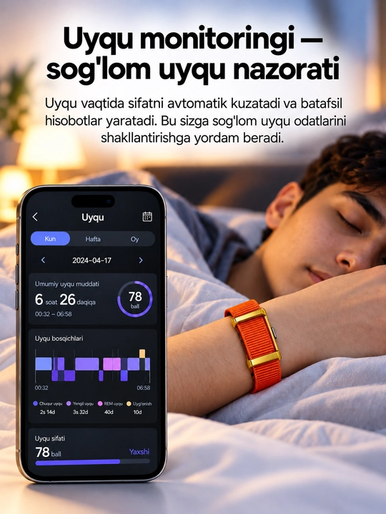 Ekransiz aqlli fitnes bilaguzugi, yurak urishi va uyqu nazorati, suvga chidamli, obunasiz
