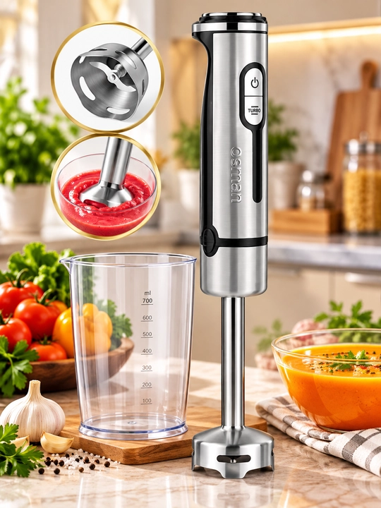 Osman OS-310 qo‘l blenderi, metall oyoqli, turbo rejimli va o‘lchov stakanli