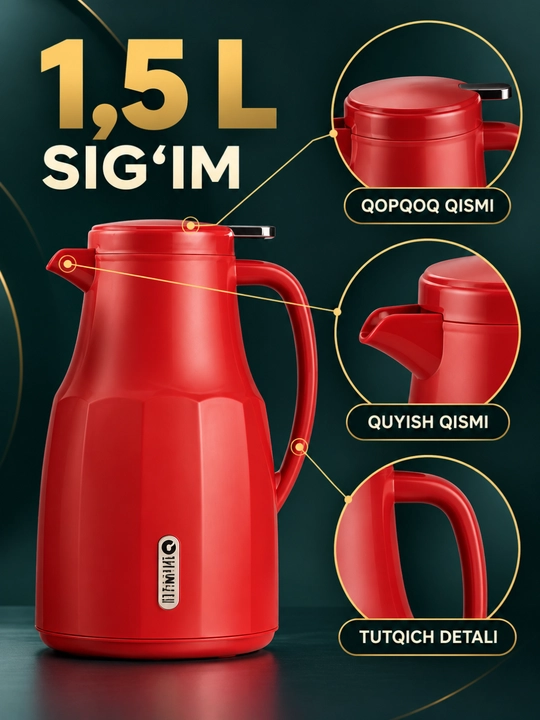 Termos, tutqichli va quyish tumshug‘li ichimlik idishi, 1.5 l
