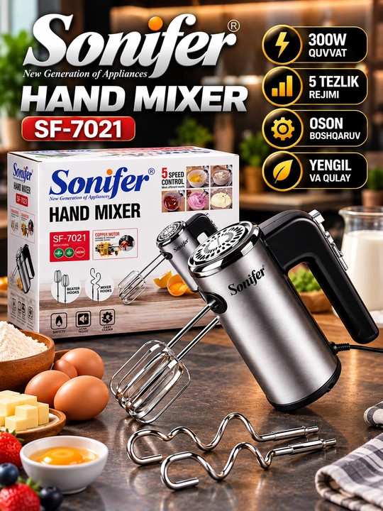 Миксер ручной электрический SONIFER SF-7021, 300 Вт, 5 скоростей, для крема и теста - 