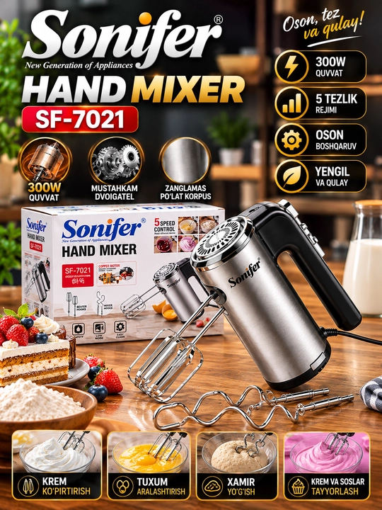 Миксер ручной электрический SONIFER SF-7021, 300 Вт, 5 скоростей, для крема и теста