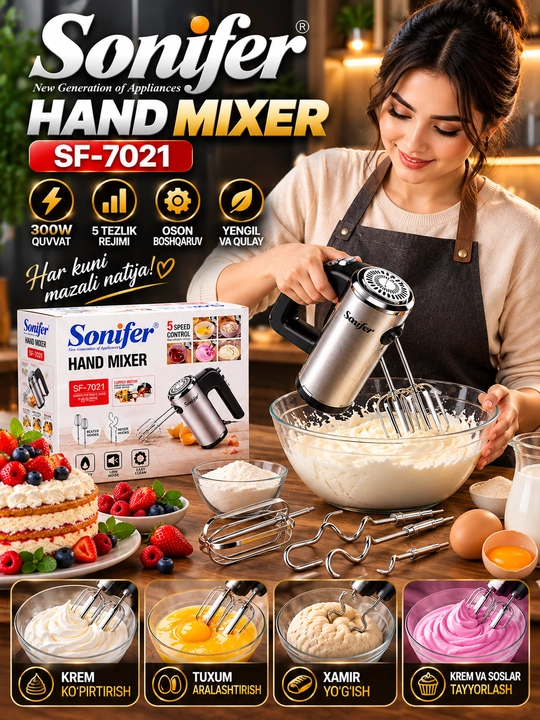 Миксер ручной электрический SONIFER SF-7021, 300 Вт, 5 скоростей, для крема и теста