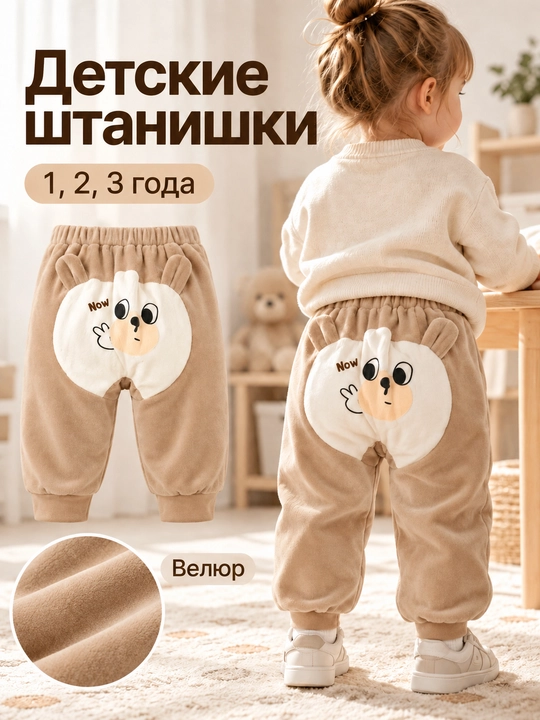 Детские велюровые штаны с ушками, 1–3 года, штанишки для прохладных дней - 