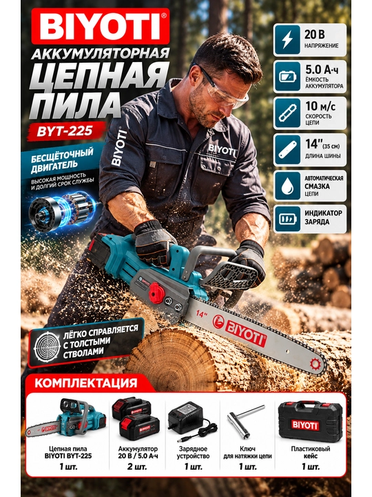 BIYOTI BYT-225 akkumulyatorli zanjirli arra, 35 sm, 20 V, 2 ta 5 A·soat akkumulyator - 