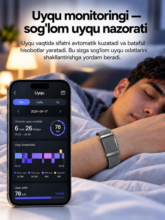 Ekransiz aqlli fitnes bilaguzugi, yurak urishi va uyqu nazorati, suvga chidamli, obunasiz