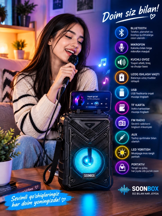SOONBOX S7 portativ Bluetooth kalonka mikrofon bilan