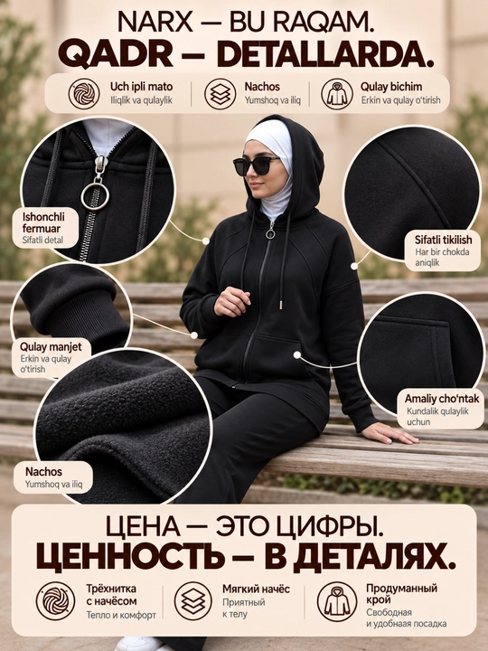 Ayollar sport kostyumi uch ipli matodan nachosli, kapyushonli issiq kostyum  KLARIS