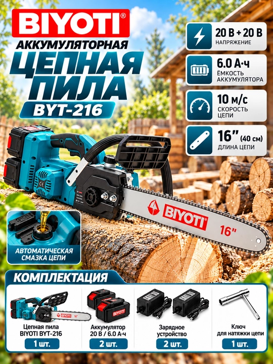 BIYOTI BYT-216 akkumulyatorli zanjirli arra, 16 dyuym, 20 V, 2 ta 6 A·soat akkumulyator - 