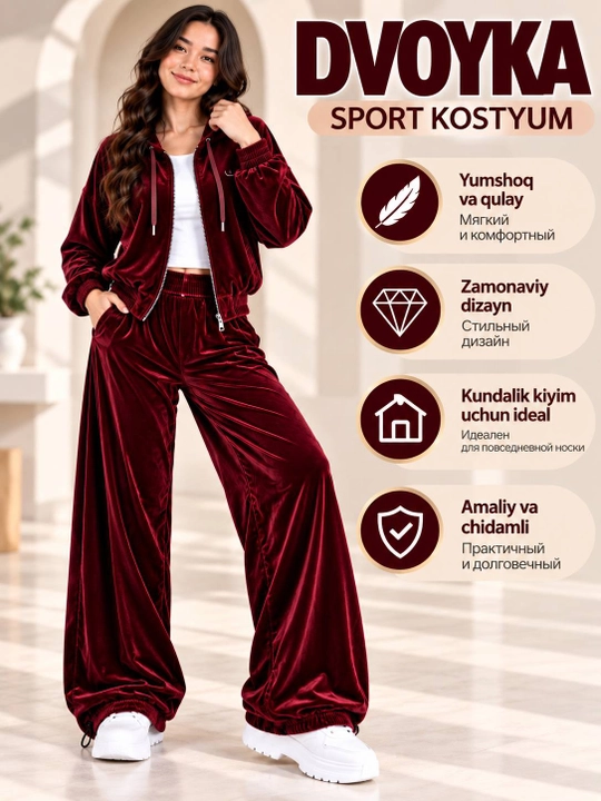 Ayollar uchun velur sport kostyum dvoyka, kapyushonli zamokli, keng ishtonli, yashil rang
