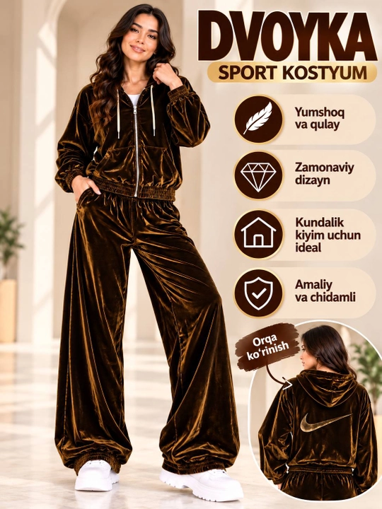 Ayollar uchun velur sport kostyum dvoyka, kapyushonli zamokli, keng ishtonli, yashil rang