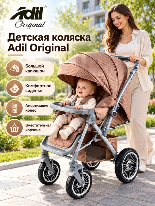 Детская коляска двусторонняя, большие колеса, амортизация, для прогулок Adil Original