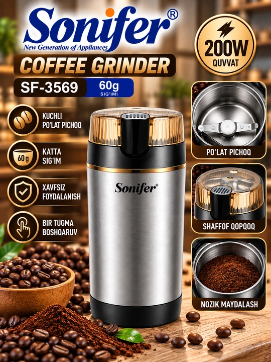 Кофемолка электрическая Sonifer SF-3569, 200 Вт, 60 г, ножевая, для кофейных зерен