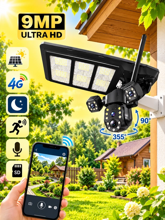 Quyosh energiyasida ishlaydigan 4G LTE aqlli kuzatuv kamerasi 9MP Ultra HD — 450W