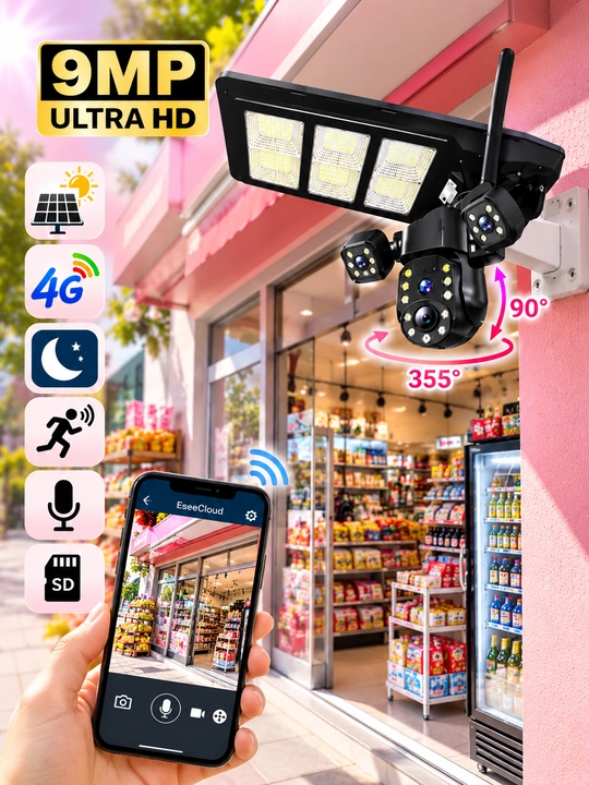 Quyosh energiyasida ishlaydigan 4G LTE aqlli kuzatuv kamerasi 9MP Ultra HD — 450W