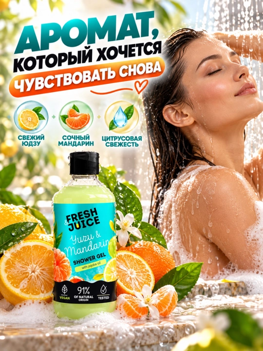 Гель для душа, натуральный, увлажняющий, бережный, ароматизированный, Fresh Juice