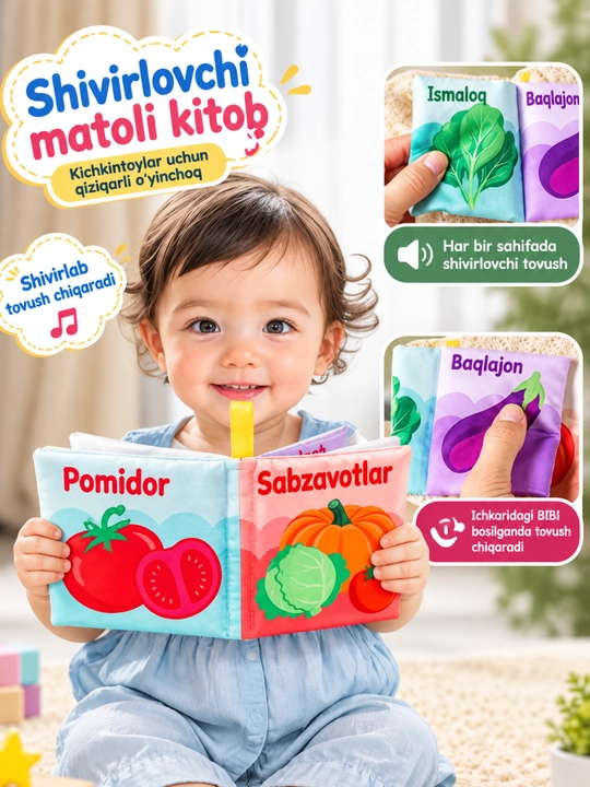 Bolalar kitobi, matoli kitob, shitirlaydigan kitob, yumshoq kitob, suvga chidamli, tovushli - 