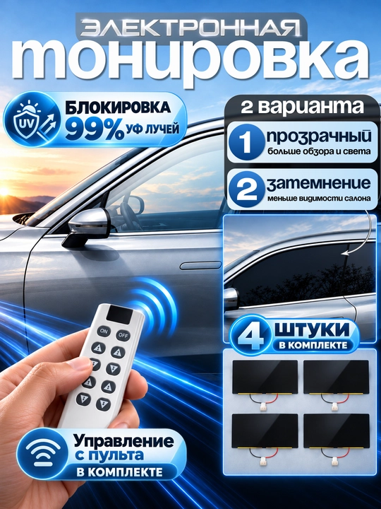Электронная тонировка автомобиля с пультом, 4 панели, регулируемая прозрачность - 