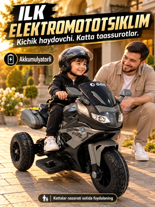 Chiroq va ovozli akkumulyatorli bolalar elektr mototsikli - 