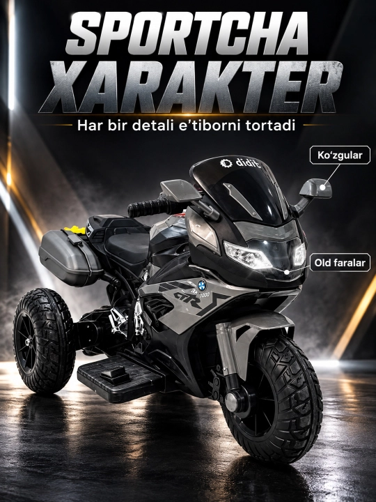 Chiroq va ovozli akkumulyatorli bolalar elektr mototsikli