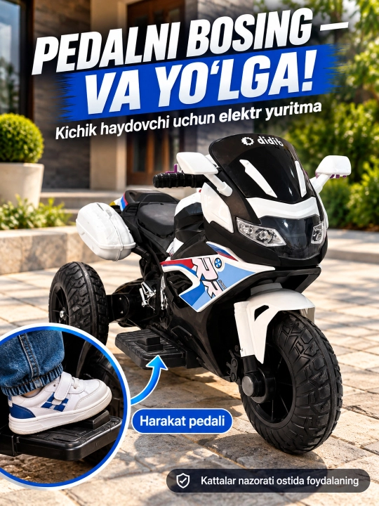 Chiroq va ovozli akkumulyatorli bolalar elektr mototsikli