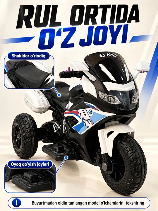 Chiroq va ovozli akkumulyatorli bolalar elektr mototsikli