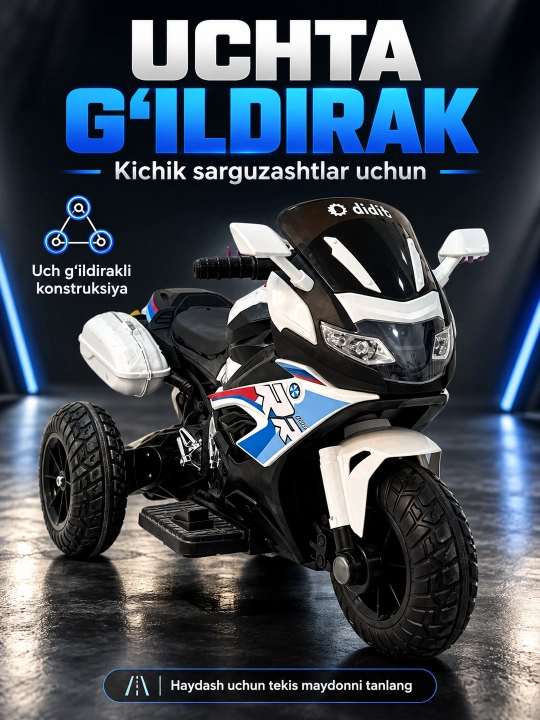 Chiroq va ovozli akkumulyatorli bolalar elektr mototsikli