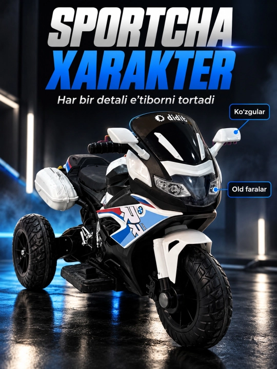Chiroq va ovozli akkumulyatorli bolalar elektr mototsikli