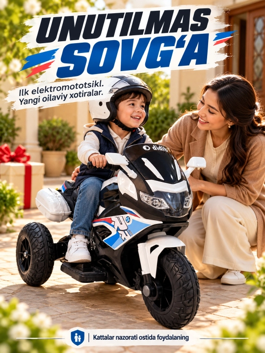Chiroq va ovozli akkumulyatorli bolalar elektr mototsikli