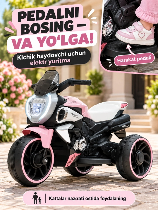 Chiroq va ovozli akkumulyatorli bolalar elektr mototsikli