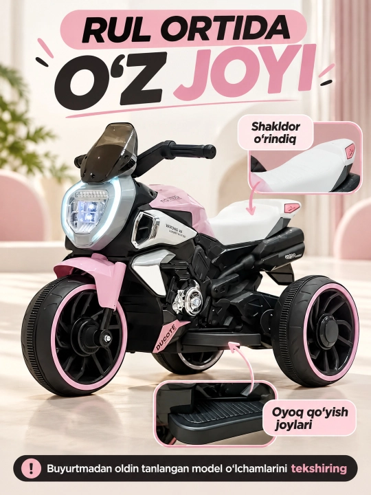 Chiroq va ovozli akkumulyatorli bolalar elektr mototsikli