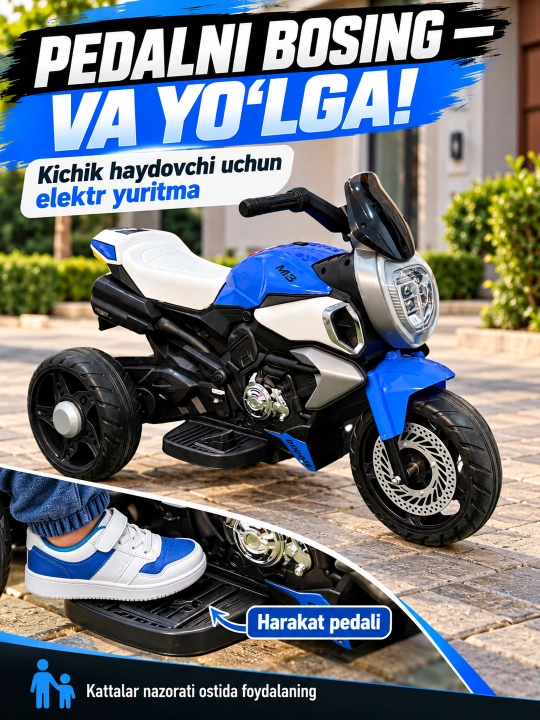 Chiroq va ovozli akkumulyatorli bolalar elektr mototsikli