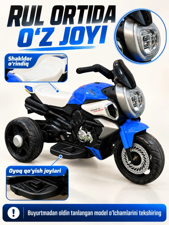 Chiroq va ovozli akkumulyatorli bolalar elektr mototsikli