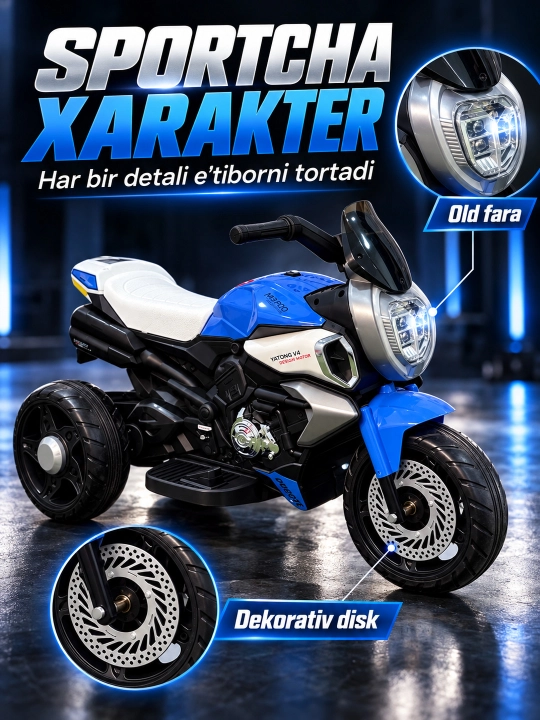 Chiroq va ovozli akkumulyatorli bolalar elektr mototsikli